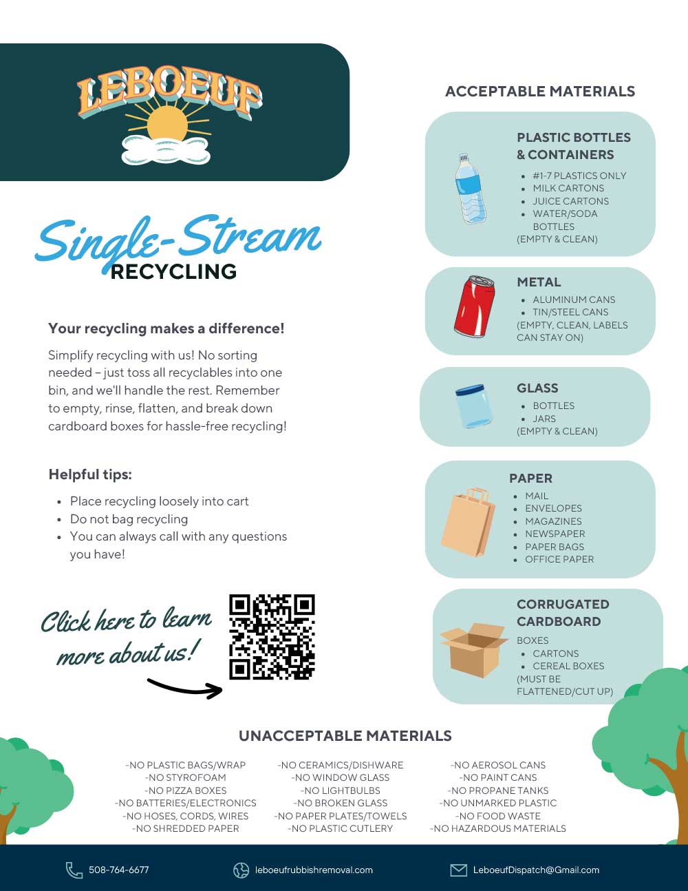 A flyer for LeBoeuf single-stream recycling, with allowed recyclables, tips, and links to more information.