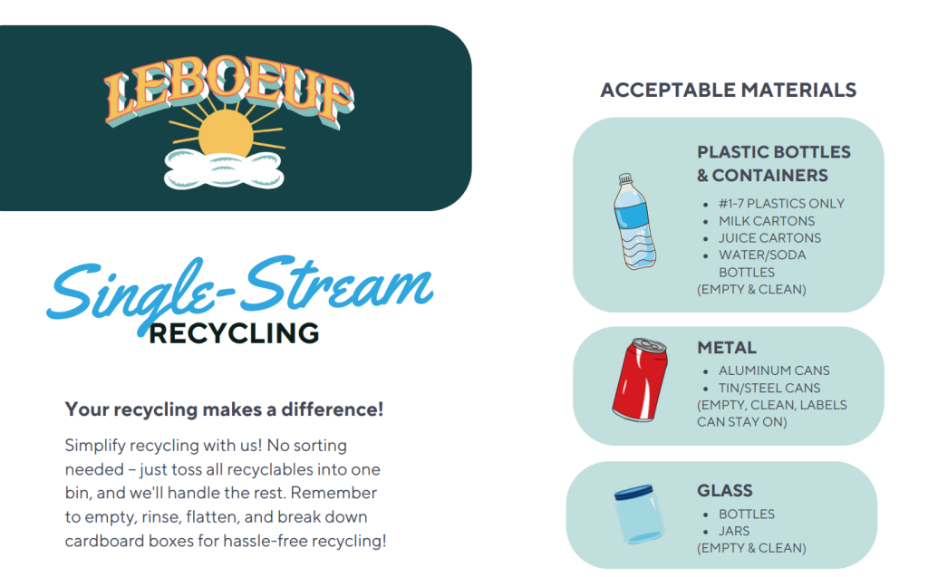 Excerpt from the LeBoeuf single-stream recycling flyer.