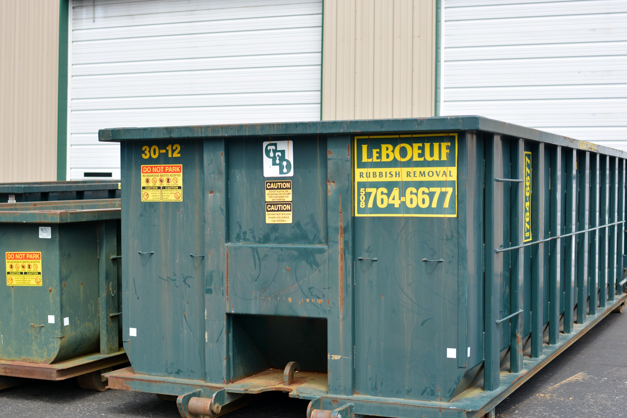 Close-up of a LeBoeuf rental dumpster.