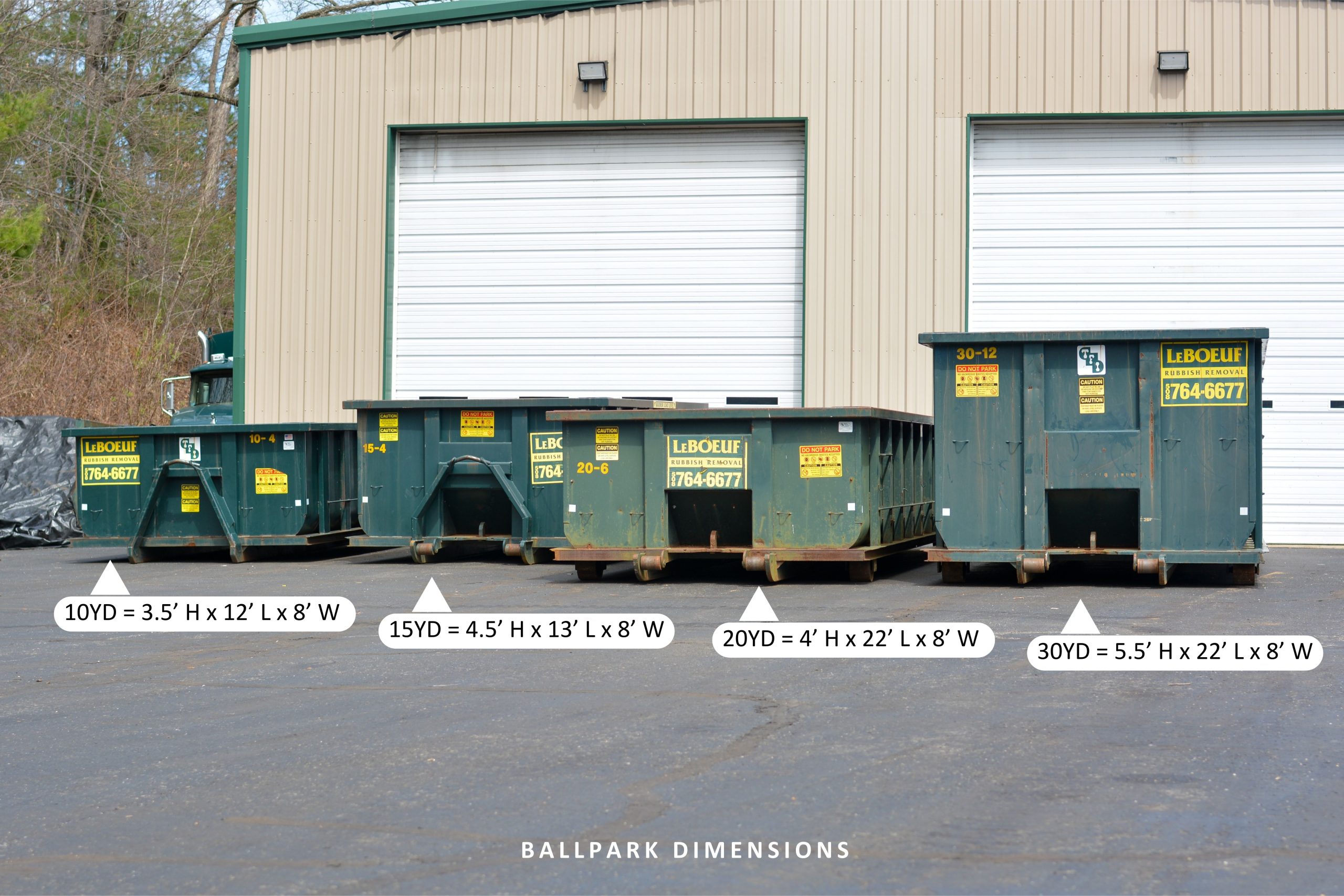 A lineup of LeBoeuf Rubbish Removal dumpsters with their dimensions.