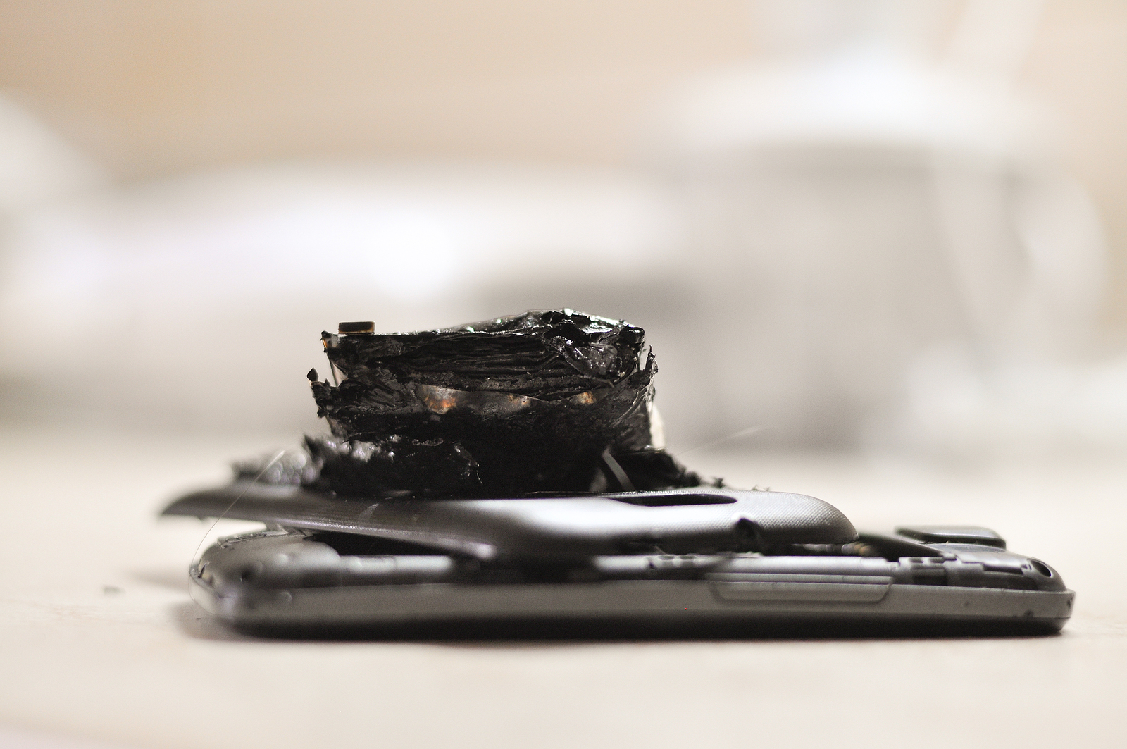 Burnt Lithium battery pulled from a smartphone.